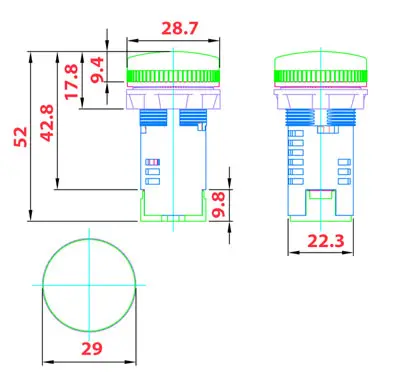 جدول ابعاد چراغ سیگنال LED غیر قابل تعویض رعد